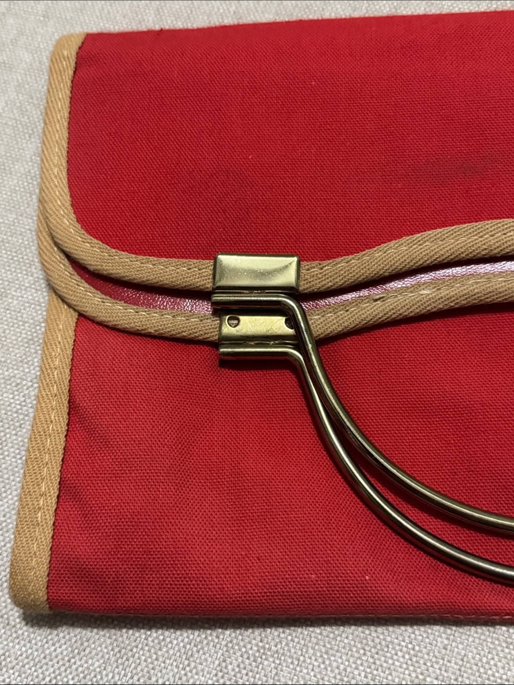 Vintage Envelope Style Clutch/Handbag-Red Cloth-Gold Tone Handles-Fold Over/Snap - Picture 6 of 17
